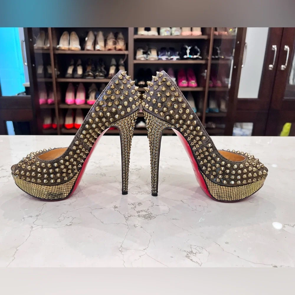Rare Christian Louboutin Lady Peep Spikes Hematite/Bronze Strass 37.5 - Picture 5 of 15